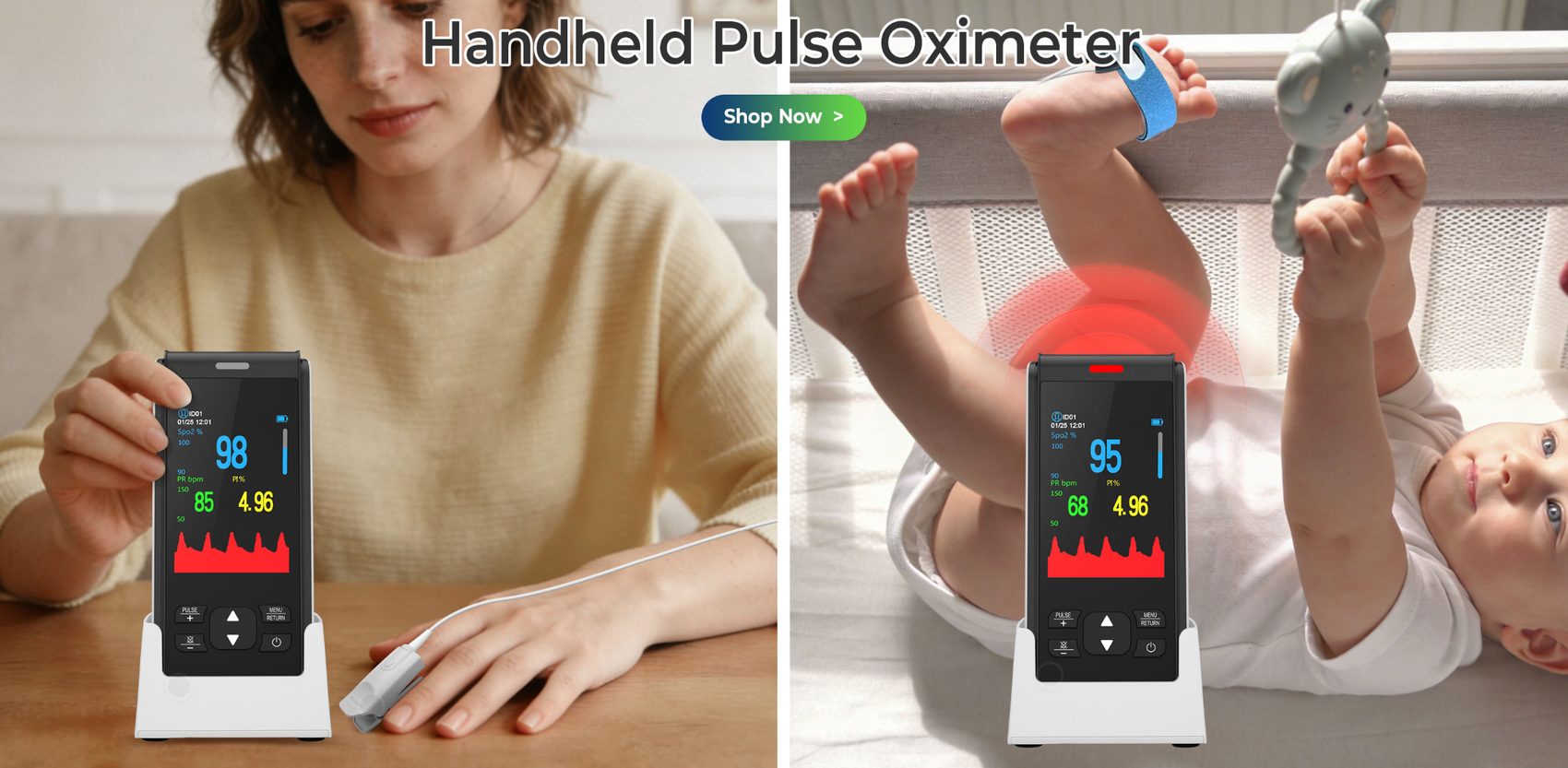 Handheld Pulse Oximeter &mdash; rechargeable overnight monitoring for adults and infants